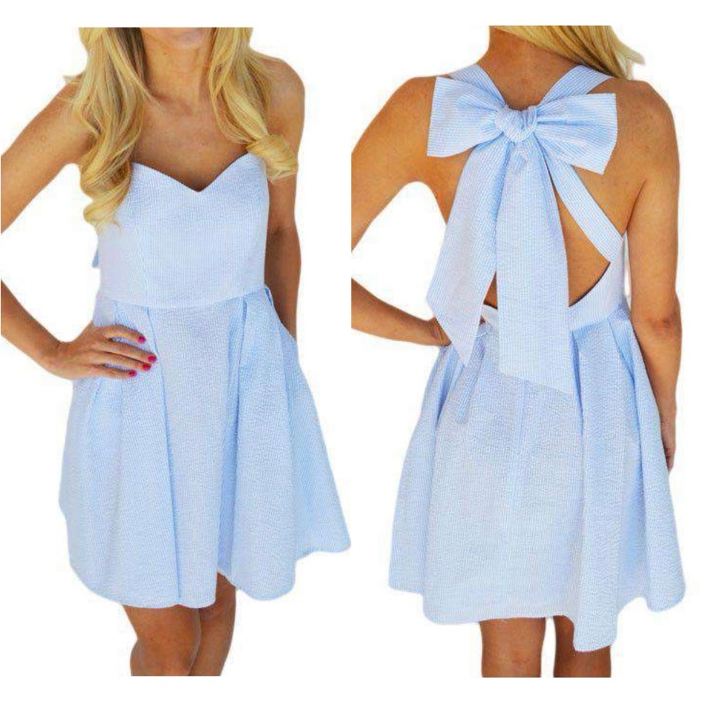Light Blue and White Pin Stripe Dress with Bow